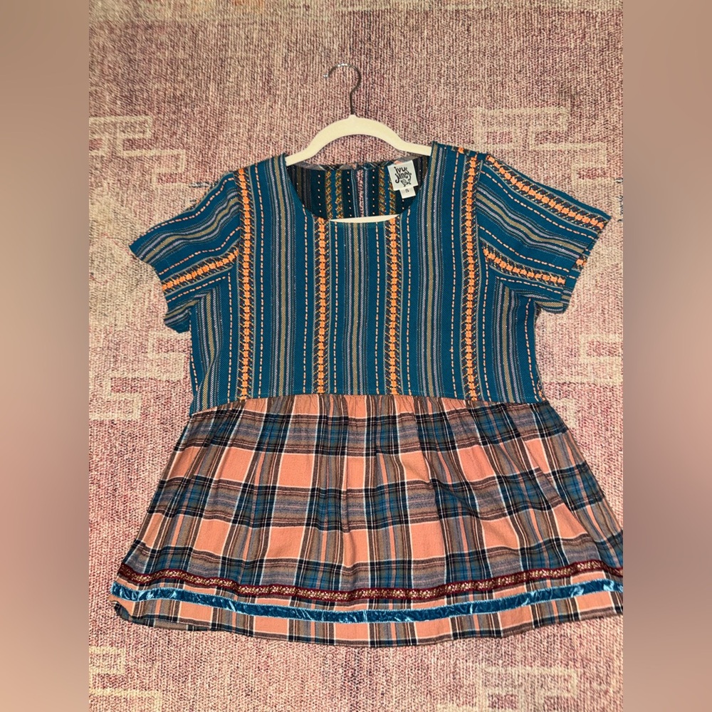 Ivy Jane embroidered plaid babydoll blouse short sleeve